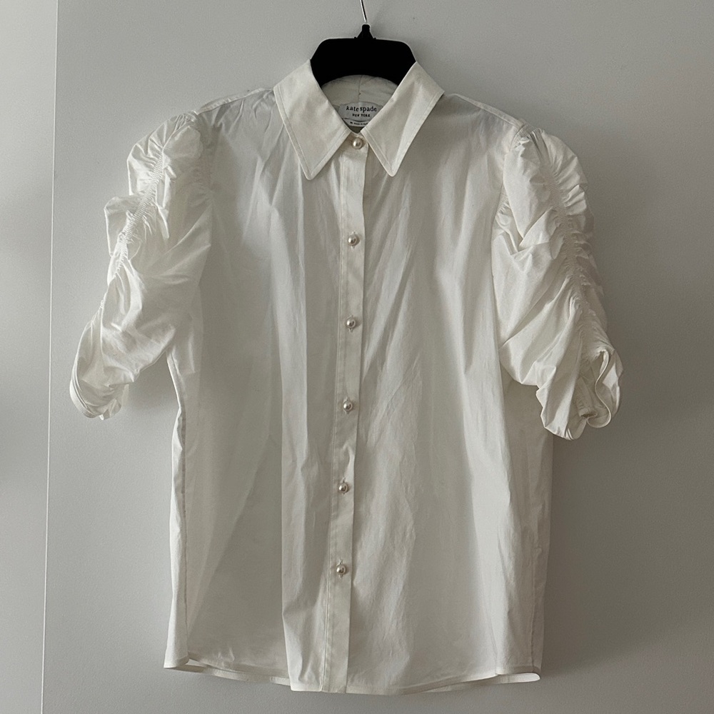 Kate Spade White Button-Up Shirt with Ruched Sleeves